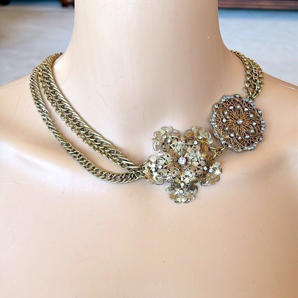 Vintage Antique Gold Tone Multi Strand Flower Necklace Rhinestone Medallion